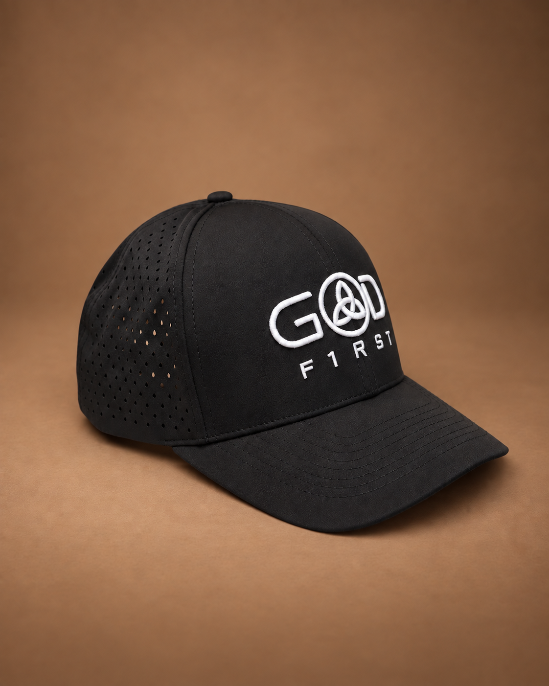 Black GOD F1RST quick-dry hat with white Trinity knot embroidery