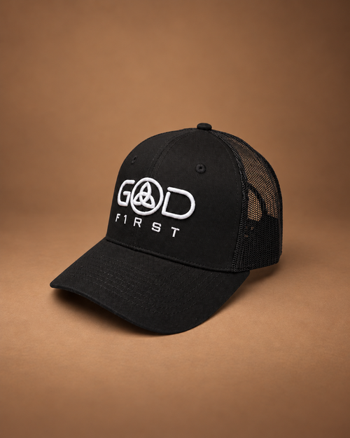 GOD F1RST Christian trucker hat with breathable black mesh back
