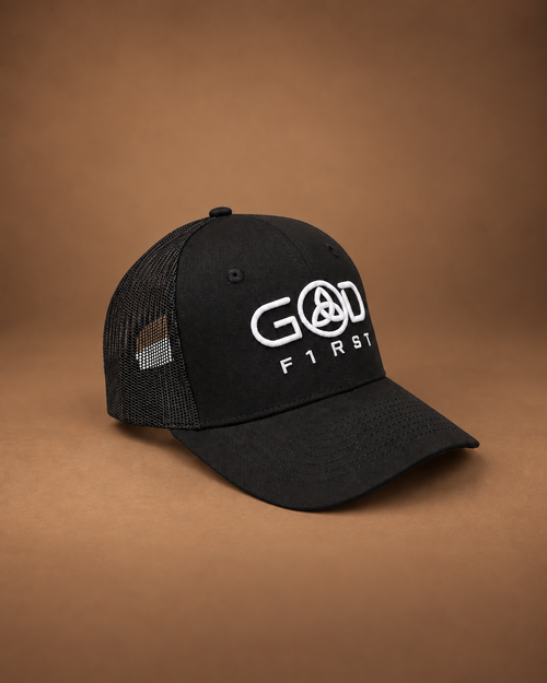 Black GOD F1RST trucker hat with white Trinity knot logo embroidery