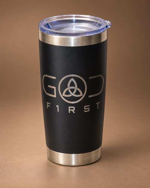 Top view of GOD F1RST insulated tumbler showing sliding lid and straw opening